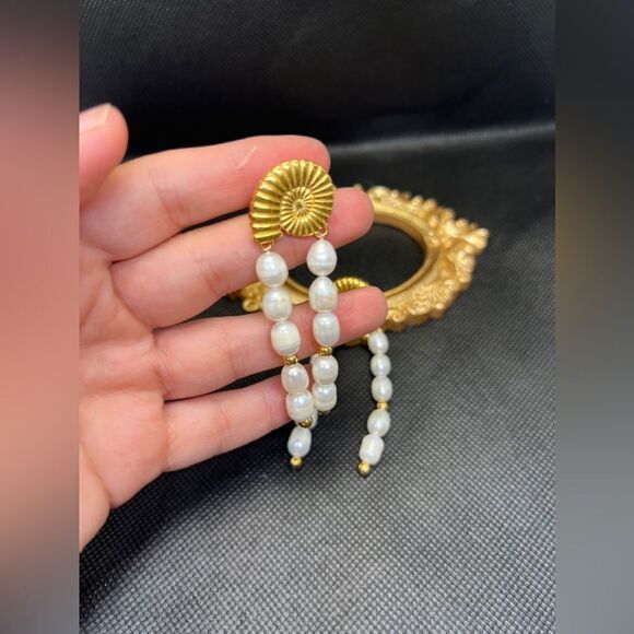 Gold Plated Stainless Steel Nautilus Pearl Drop Earring - Picture 11 of 14